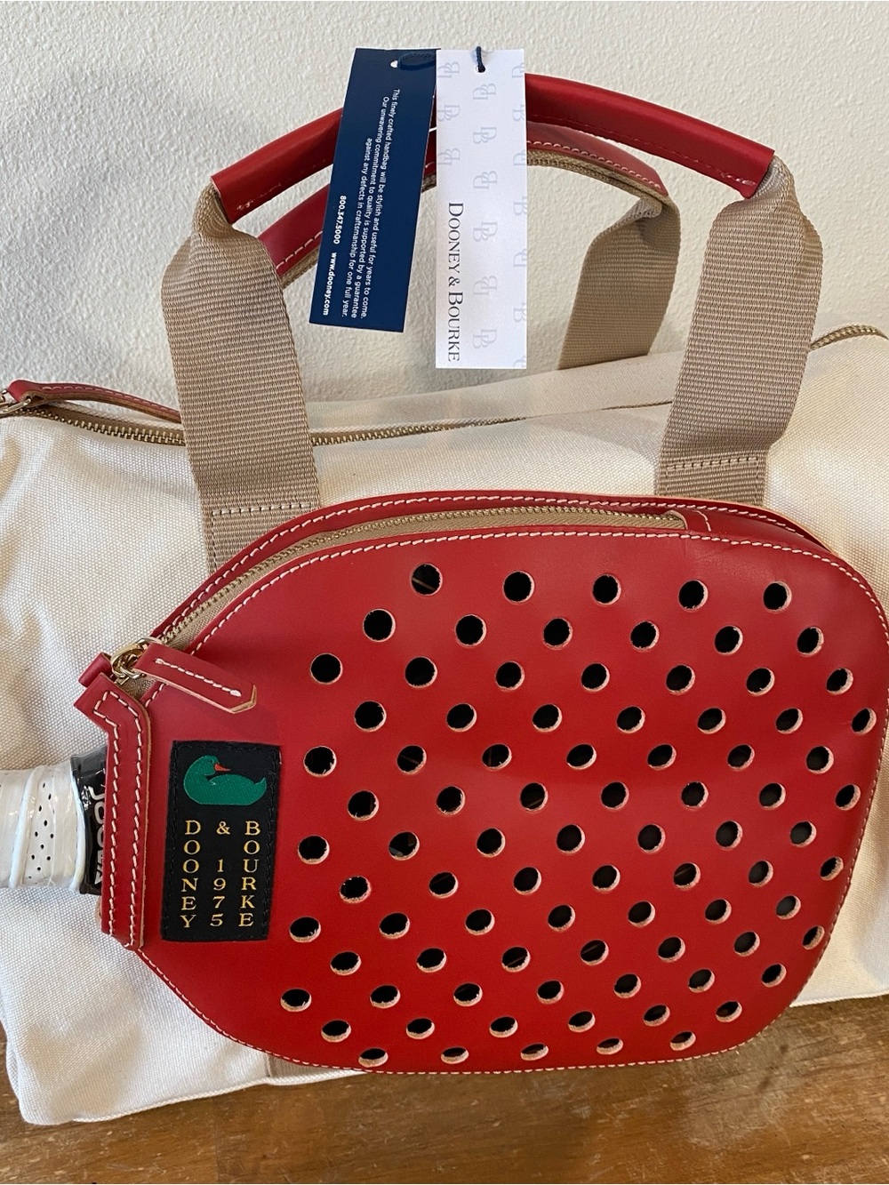 Dooney And Bourke Pickelball Duffel Bag Red Leather Heavy Natural White Canvas